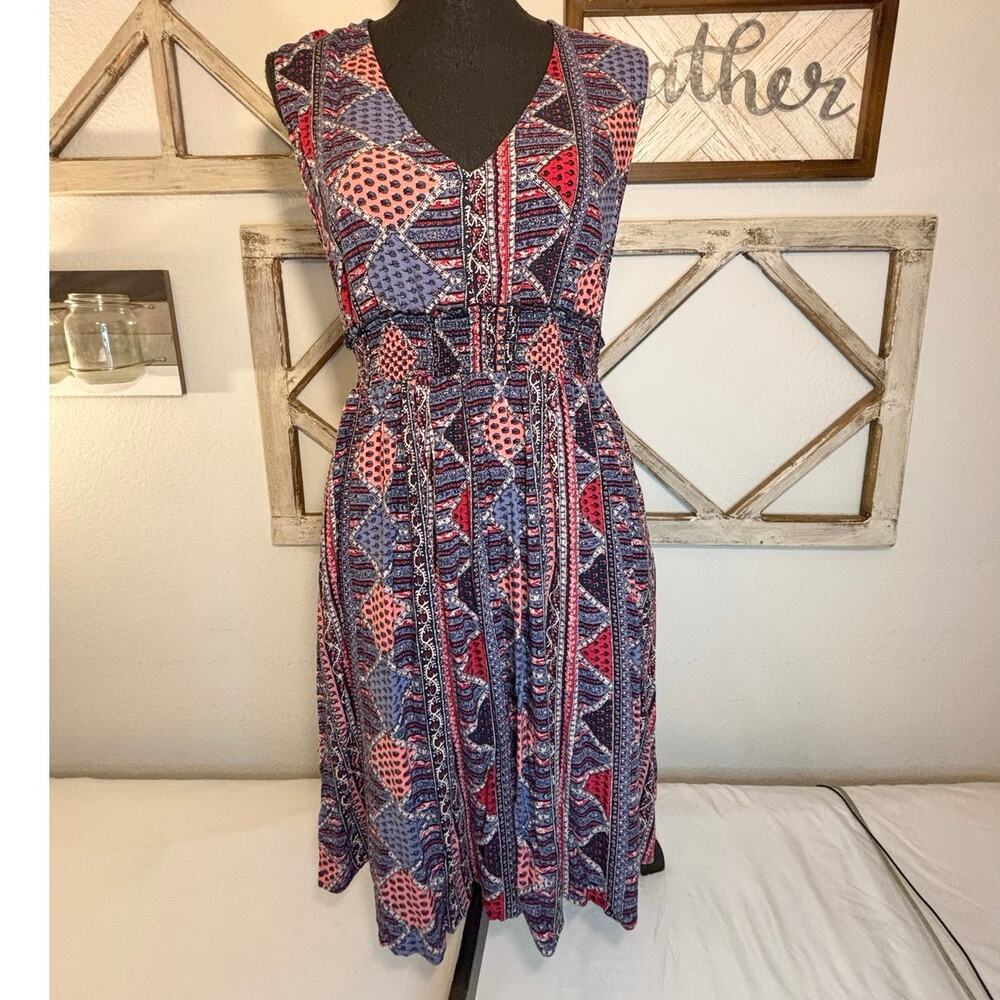 ROXY XL V-Neck Patchwork Smocked Midi Sundress with Pockets & Back Cutout